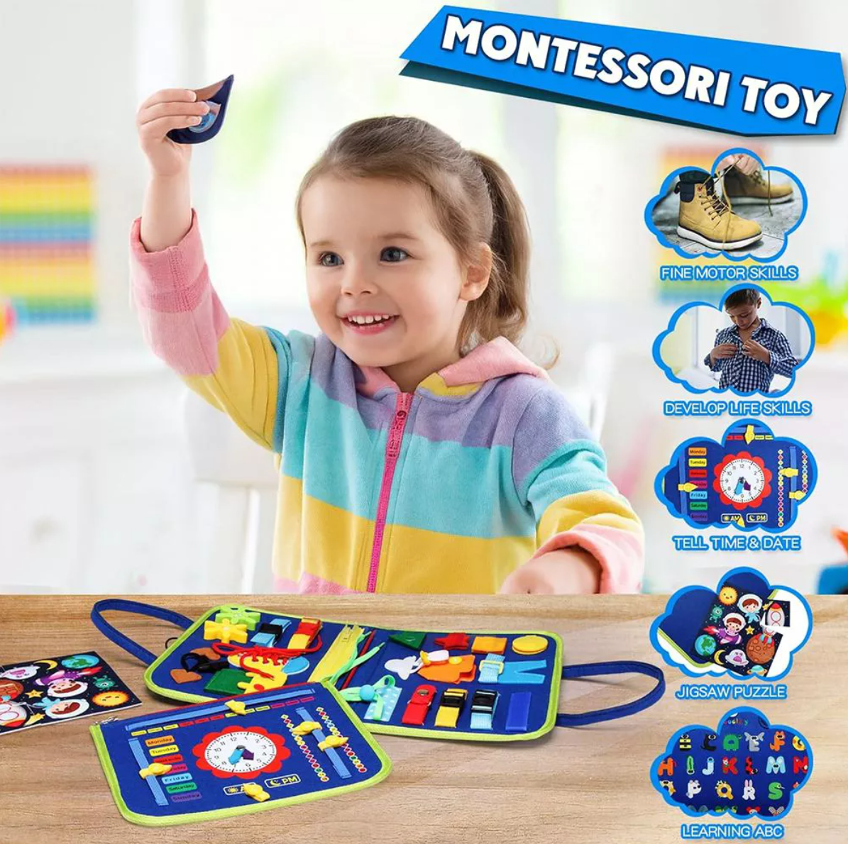 MiniMinds Montessori Busy Board - Sensory Learning Toy for Toddlers | Travel-Friendly Fine Motor Skills Activity Board